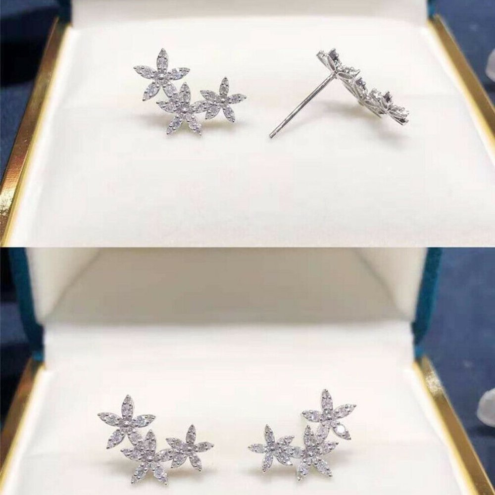 NEW 14k Gold Over Silver Diamond Flower Studs - Picture 3 of 3